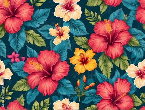 Colorful hibiscus flower with palm leaf seamless pattern for summer holidays background.