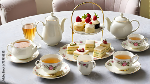cup of tea and cake, afternoon teatime, tea, British teatime, AI generated