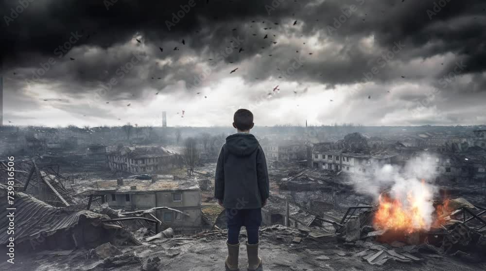 Kid standing in the middle of post ruined city after war illustration loop background 