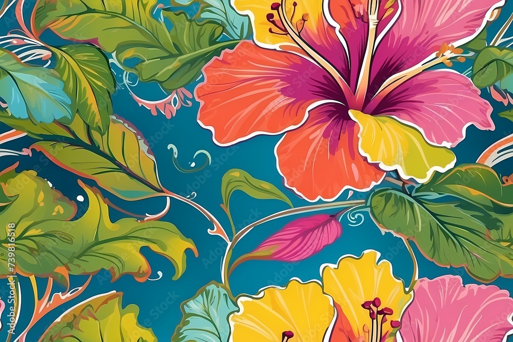 Colorful hibiscus flower with palm leaf seamless pattern for summer holidays background.