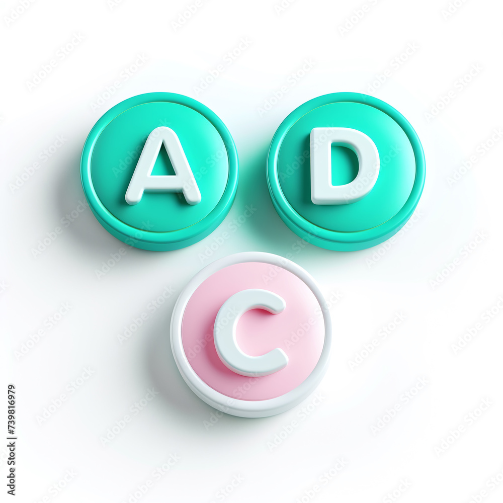 three round tablets, the first one has the letter A, the second one has the letter D, the third one has the letter C, in white and turquoise colors, on a white background three round tablets, the first one has the letter A, the second one has the letter D, the third one has the letter C, in white and turquoise colors, on a white background