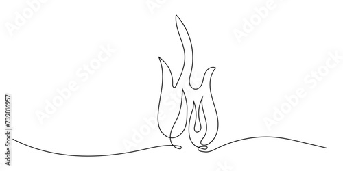 Fire line art continuous, bonfire doodle isolated on white background. Simple Burning flame