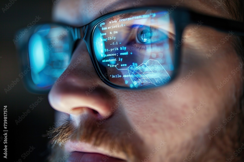 close Up Portrait of white man Working on Computer, Lines of Code Language Reflecting on his Glasses close Up Portrait of white man Working on Computer, Lines of Code Language Reflecting on his Glasses