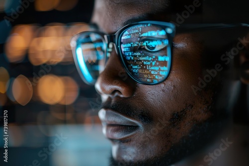 close Up Portrait of black man Working on Computer, Lines of Code Language Reflecting on his Glasses 