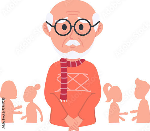 Illustration of Old Male Character Become Passive and Avoid Social Activities, Symptom of Alzheimer's Disease