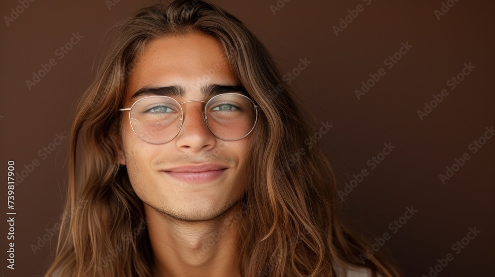 Young man with long brown hair wearing round glasses smiling at the camera against a brown background. Young man with long brown hair wearing round glasses smiling at the camera against a brown background.
