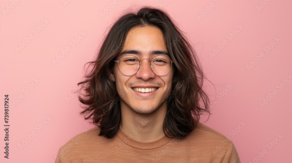 Young man with long hair and glasses smiling against a pink background. Young man with long hair and glasses smiling against a pink background.