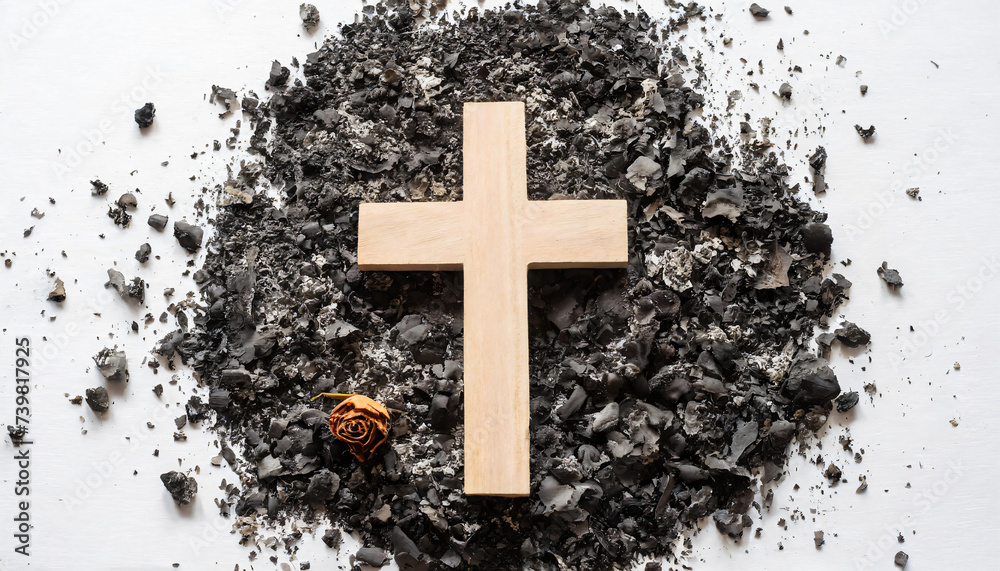 Cremation, funeral, liturgy, religious ceremony concept. Ashes cross on white background