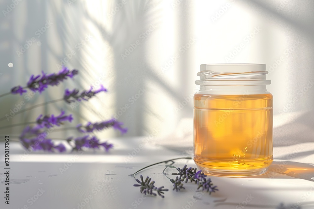 Lavender Honey, plain jar nothing inside of it or behind it, product image of a glass mason jar of honey, in the style of an eCommerce Product Photo Lavender Honey, plain jar nothing inside of it or behind it, product image of a glass mason jar of honey, in the style of an eCommerce Product Photo
