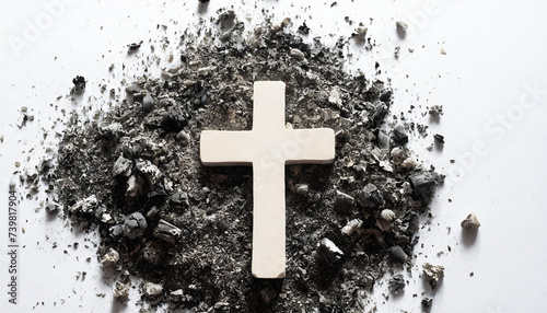 Cremation, funeral, liturgy, religious ceremony concept. Ashes cross on white background