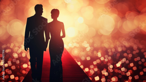 Back silhouette view of a couple of stars in gorgeous evening gowns and suit walking on the red carpet