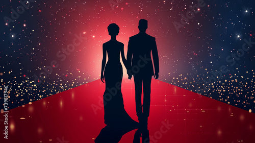 Back silhouette view of a couple of stars in gorgeous evening gowns and suit walking on the red carpet