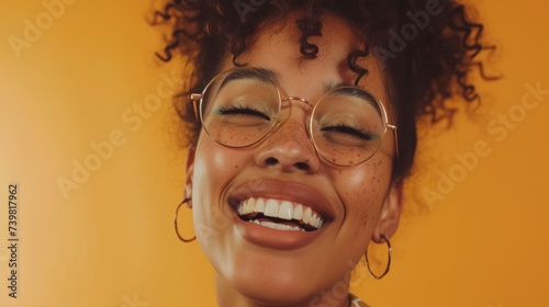A joyful woman with curly hair wearing glasses and hoop earrings smiling broadly against a warm yellow background.