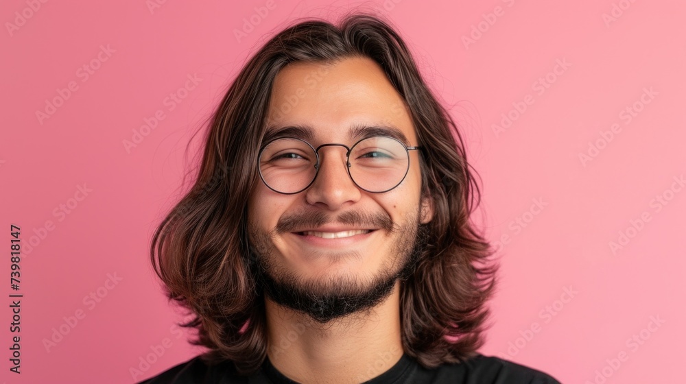 Young man with long brown hair beard and mustache wearing round glasses smiling against pink background. Young man with long brown hair beard and mustache wearing round glasses smiling against pink background.