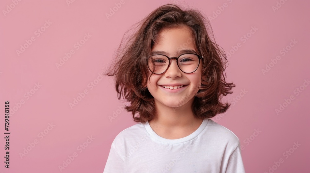 Young girl with glasses smiling wearing a white t-shirt against a pink background. Young girl with glasses smiling wearing a white t-shirt against a pink background.