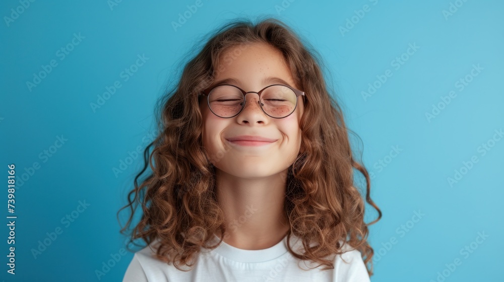 Young girl with curly hair glasses and a smile against a blue background. Young girl with curly hair glasses and a smile against a blue background.