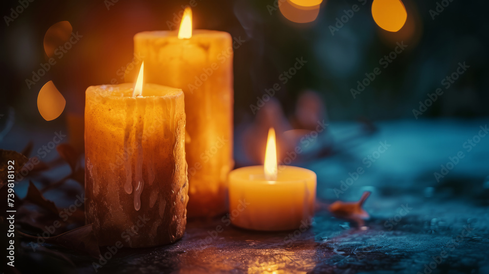 Burning candles on dark background, peaceful scene with copy space Burning candles on dark background, peaceful scene with copy space
