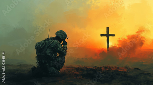 Christian soldier praying with cross in the background. Digital painting