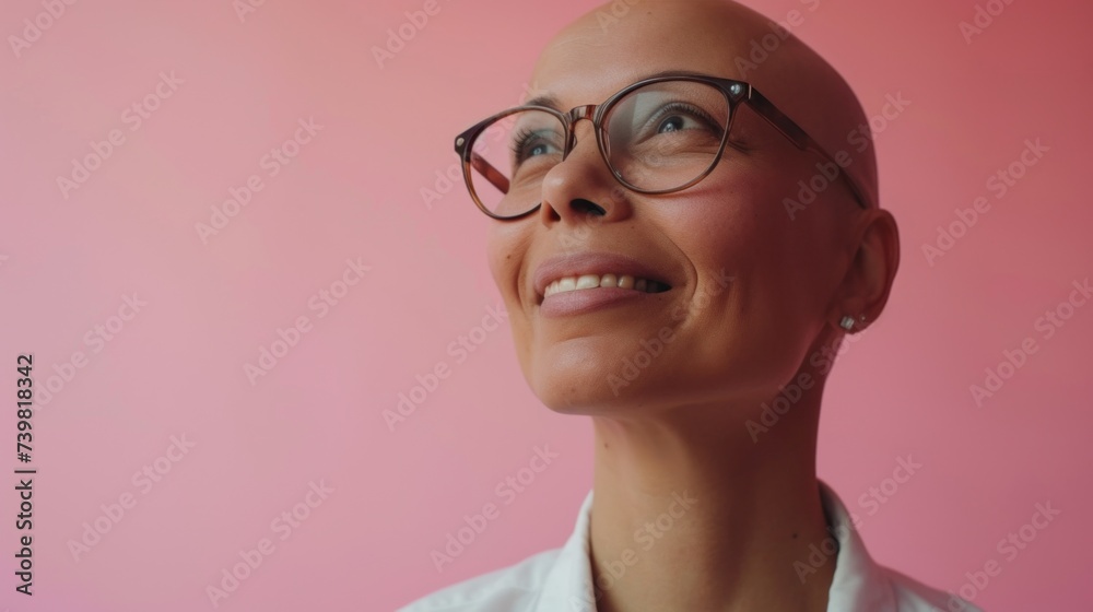 Smiling bald woman with glasses pink background looking up earring positive expression. Smiling bald woman with glasses pink background looking up earring positive expression.