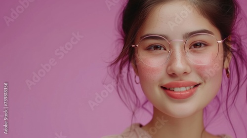 Young woman with glasses rosy cheeks and pink lipstick smiling against a pink background. photo