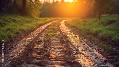 Dirt road with mud and grass with sunset light photo