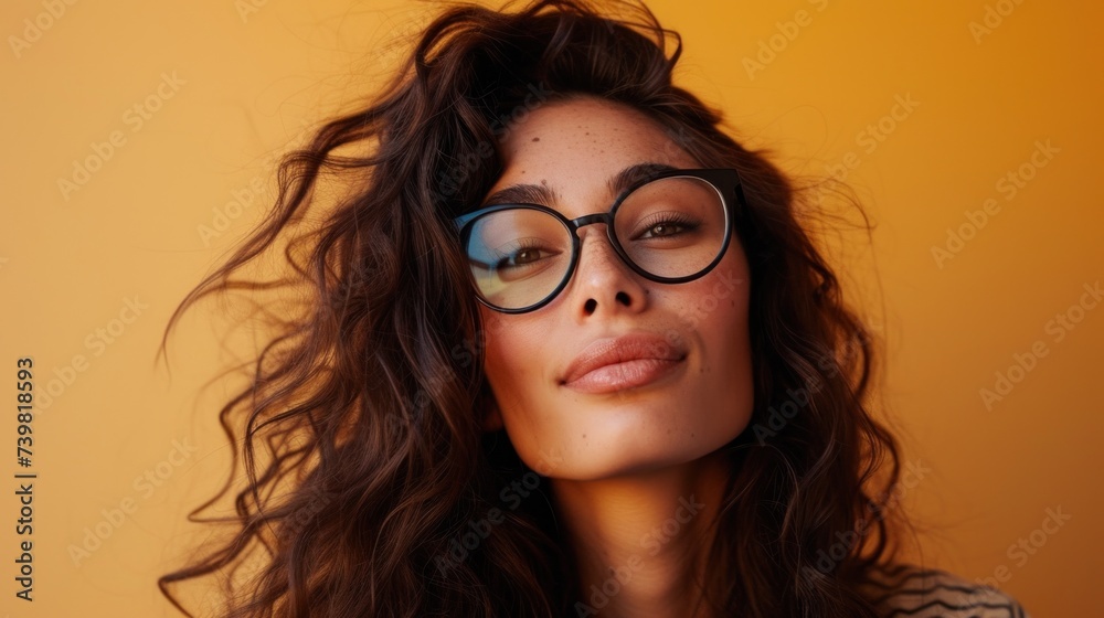 A woman with curly hair wearing glasses and a soft smile set against a warm yellow background.