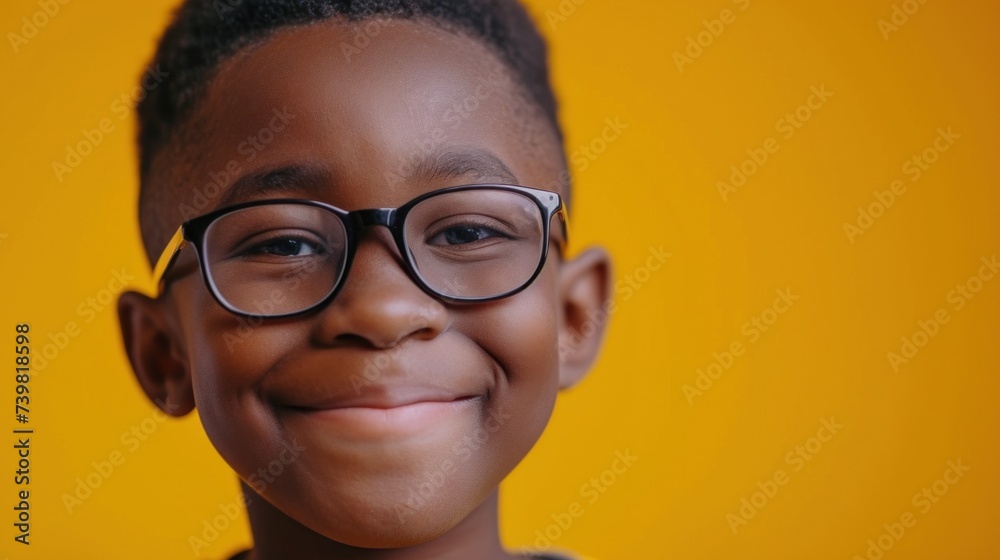 A young boy with a bright smile wearing glasses set against a vibrant yellow background. A young boy with a bright smile wearing glasses set against a vibrant yellow background.