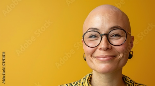 A bald woman with a radiant smile wearing large black glasses and a leopard print top set against a vibrant yellow background.