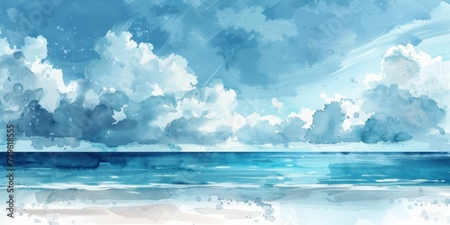 This soft watercolor wash with serene sky blues and gentle cloud whites evokes a peaceful horizon