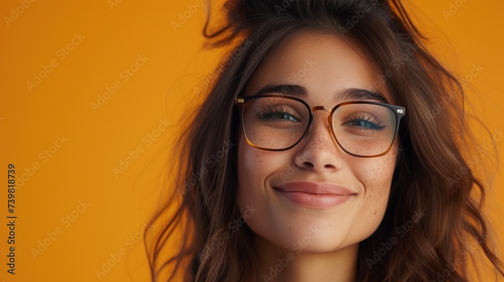 A young woman with brown hair and glasses smiling at the camera against a vibrant orange background. A young woman with brown hair and glasses smiling at the camera against a vibrant orange background.