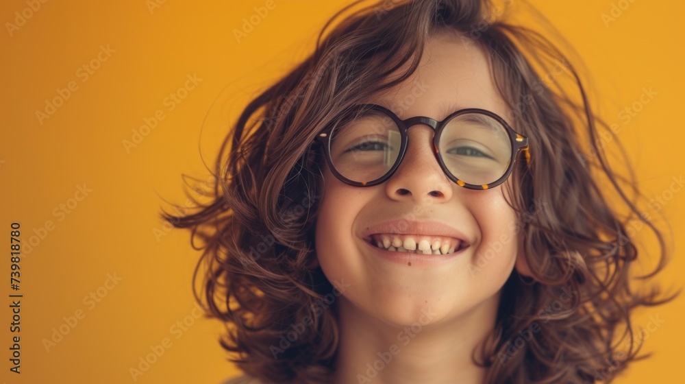Smiling child with curly hair and glasses against a warm yellow background. Smiling child with curly hair and glasses against a warm yellow background.