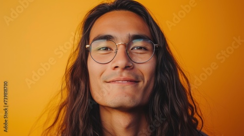 A young man with long hair and glasses smiling against a warm orange background.