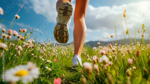 Legs of a female runner jogging in flower field in spring season afternoon