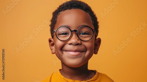 Young boy with glasses smiling against yellow background.