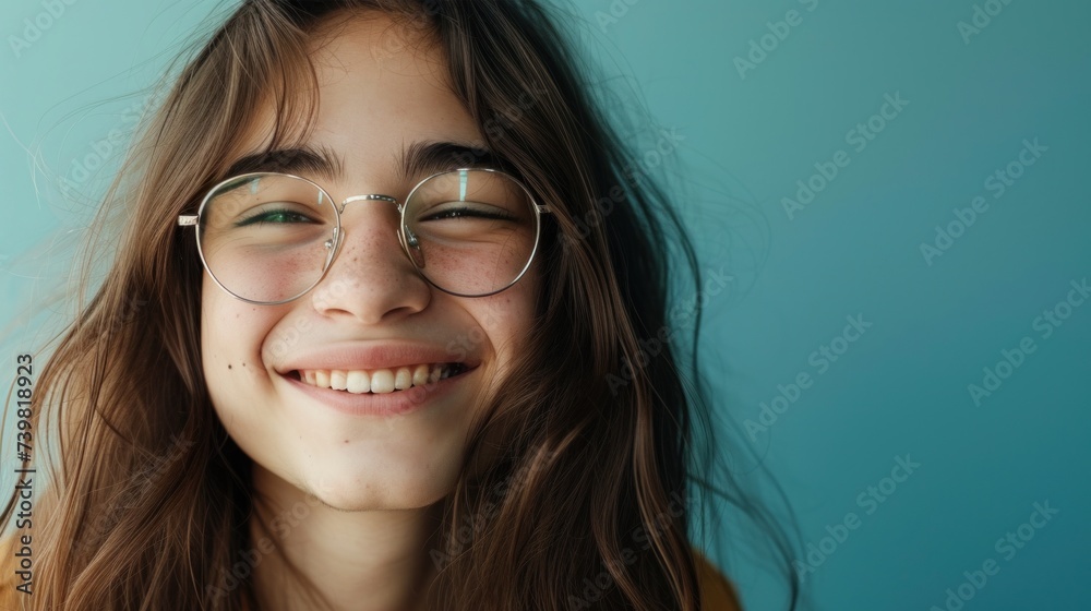 Young woman with glasses smiling against a blue background. Young woman with glasses smiling against a blue background.
