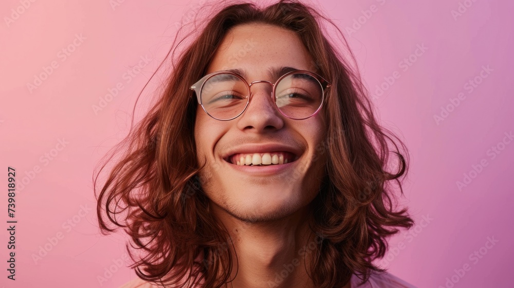 Smiling young man with long brown hair and glasses against a pink background.