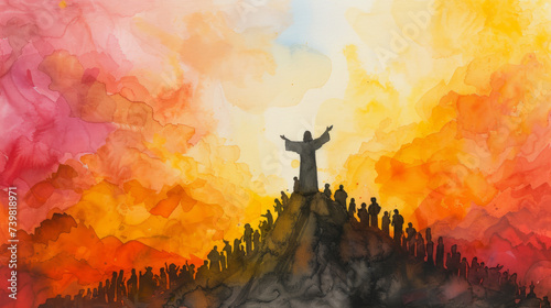 Silhouette of Jesus standing on top of a mountain and preaching to the crowd. Watercolor painting photo