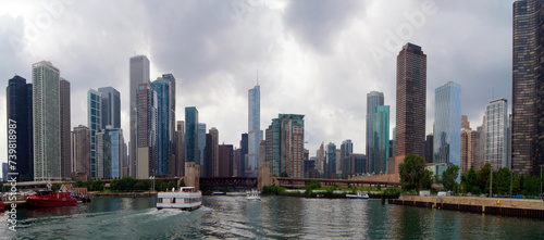 View of the Chicago River between the skyscrapers of the city of Chicago, Illinois, United States