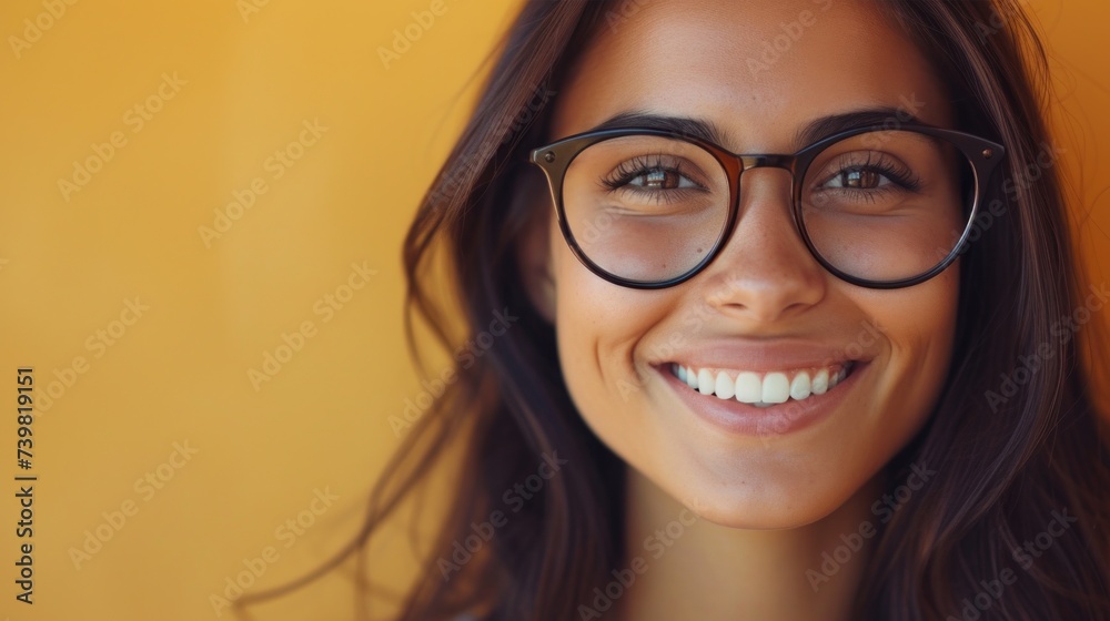 A woman with a radiant smile wearing black glasses against a warm yellow background. A woman with a radiant smile wearing black glasses against a warm yellow background.
