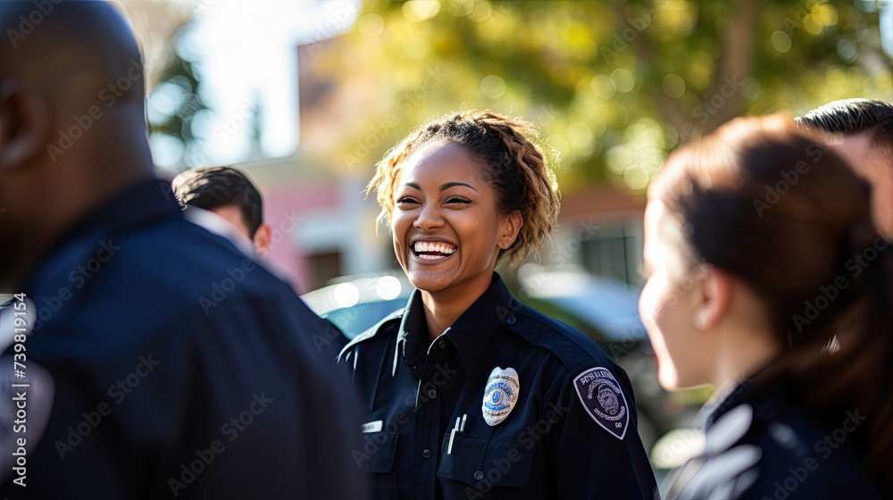 Smiling black female police officer talking to her colleagues Smiling black female police officer talking to her colleagues
