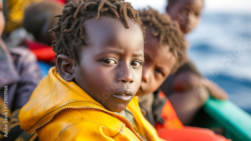 Portrait of homeless African black children and teenagers sitting in boat, they are migrants on their way to Europe photo