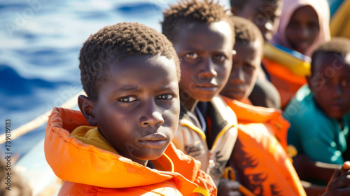 Portrait of homeless African black children and teenagers sitting in boat, they are migrants on their way to Europe photo