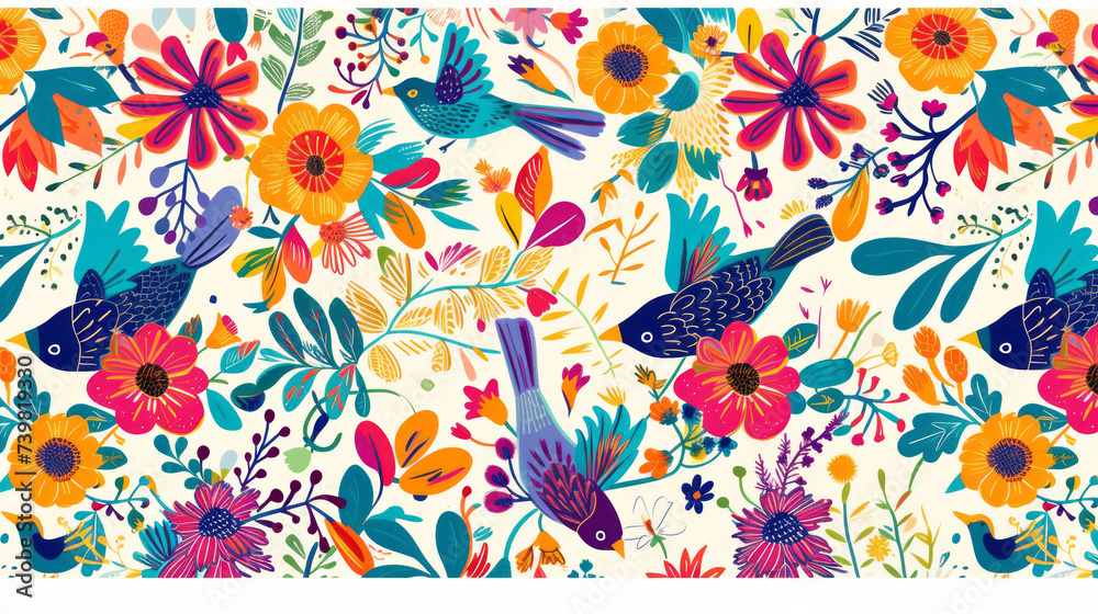 Seamless pattern background with organic forms and vibrant colors of tropical rainforests with birds and flowers