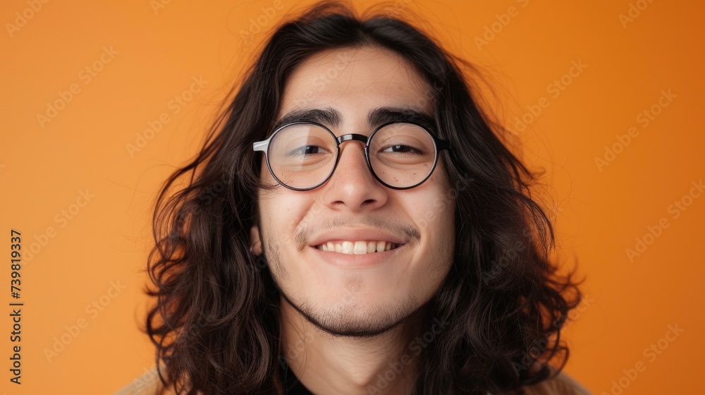 Young man with long curly hair and glasses smiling against an orange background. Young man with long curly hair and glasses smiling against an orange background.