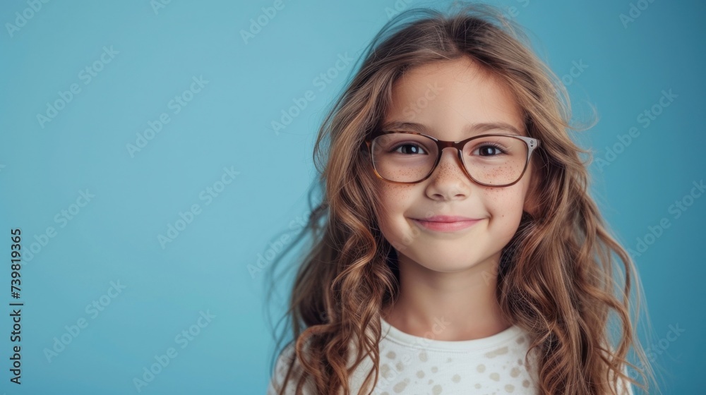 Fototapeta premium Young girl with glasses smiling against a blue background.