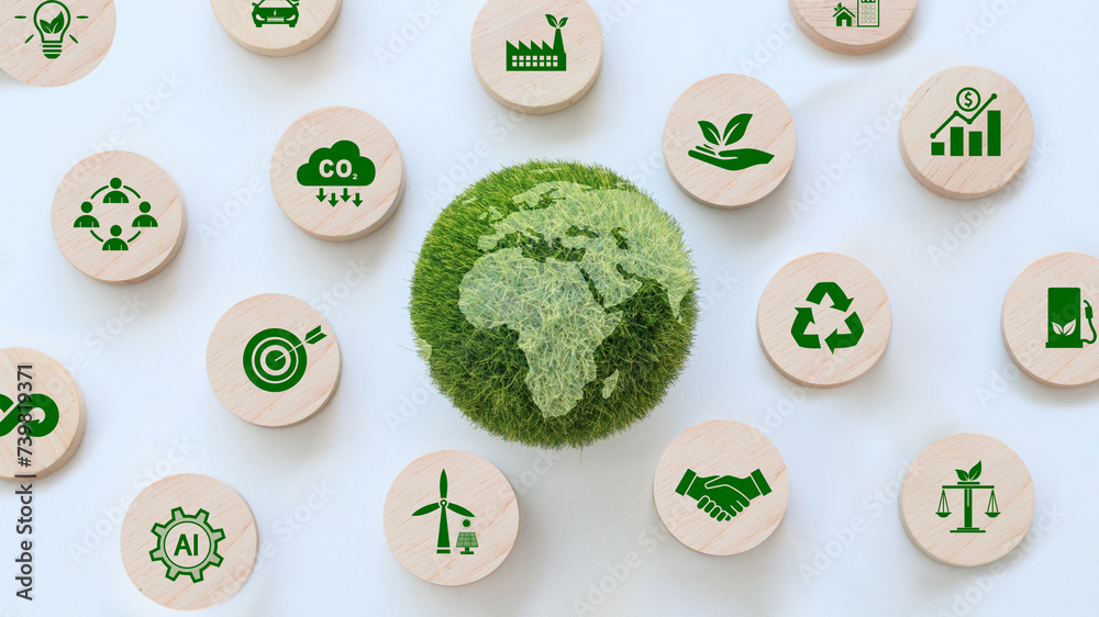 Green earth with icon for ESG, Environment Social and Governance co2, and net zero.Concept of World sustainable environment, Save our Planet, World Environment Day, World Earth Day and Climate change. - obrazy, fototapety, plakaty 