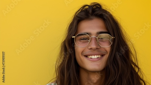 Young man with long hair and glasses smiling against a yellow background. © iuricazac