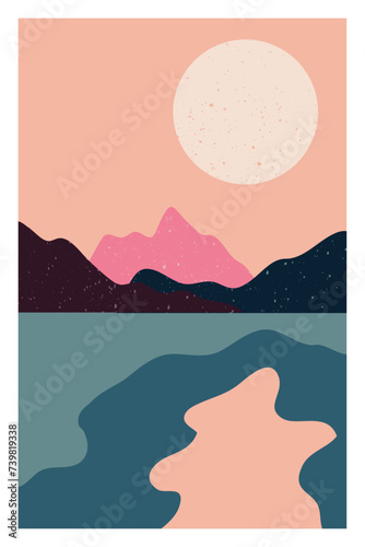 Abstract contemporary landscape posters. Modern boho background set with lake, river,sun, moon, mountains, minimalist wall decor. Vector art print © Lemonfield Studio