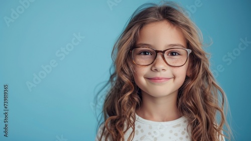 Young girl with glasses smiling against a blue background.