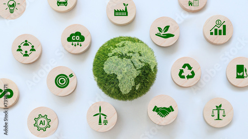 Green earth with icon for ESG, Environment Social and Governance co2, and net zero.Concept of World sustainable environment, Save our Planet, World Environment Day, World Earth Day and Climate change.
